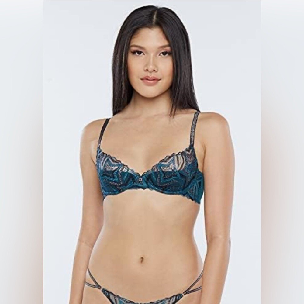 Savage X Fenty Shining Star‎ Embroidered Plunge Bra Teal 34B NWT